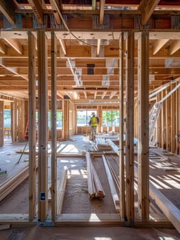 The intricate wooden frame structure of a new home under construction, with beams, joists, and trusses visible against the surrounding landscape