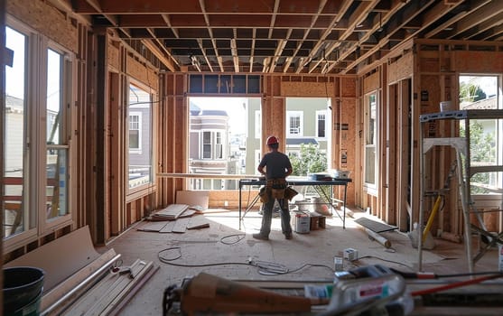 A construction worker in a safety vest stands on a ladder, overseeing the framing of a new home under construction. The wooden beams and panels create a skeletal structure with large windows