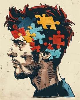 A surreal collage of vibrant puzzle pieces forming a human face, representing the complexity and diversity of the individual