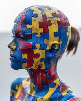 A vibrant and imaginative portrayal of a woman with a puzzle piece on her forehead, adorned with a puzzle piece headpiece, against a puzzle background