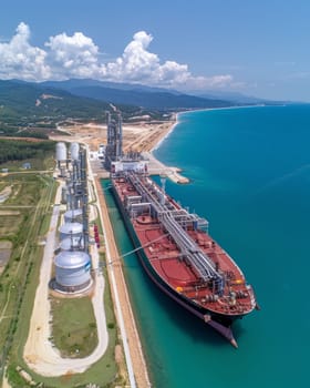 A majestic ship is docked at a bustling port, surrounded by smaller boats and a picturesque view of the water in the background