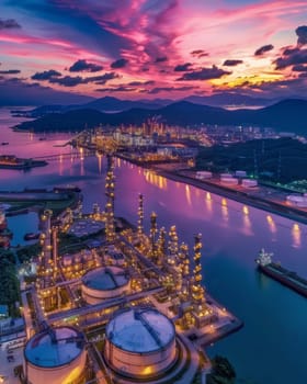 A sprawling industrial complex illuminated by vibrant lights at night, situated alongside a river flowing through a cityscape. Boats and ships dot the water, creating a captivating scene