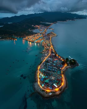 A stunning nighttime view of a city situated on a picturesque peninsula, surrounded by majestic mountains and a tranquil body of water