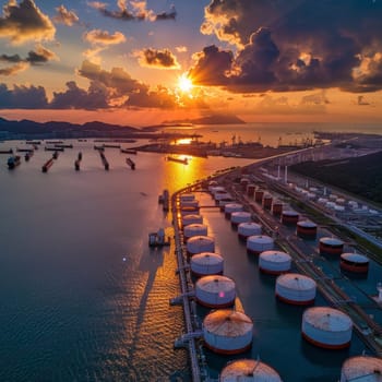 A serene and captivating scene of a tranquil sunset at the dock. The golden sun is setting in the background, casting a warm and ethereal glow over the calm waters