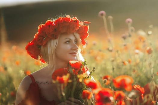 A woman wearing a red flower crown stands in a field of red flowers. She is holding a bouquet of flowers in her hand. The scene is serene and peaceful