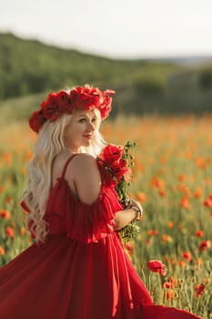 A woman in a red dress is standing in a field of red flowers. She is wearing a red flower crown and holding a bouquet of red flowers. The scene is serene and peaceful