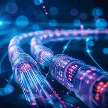 Close-up of futuristic fiber optic cables glowing with blue and purple lights, illustrating high-speed data transfer and advanced communication technology