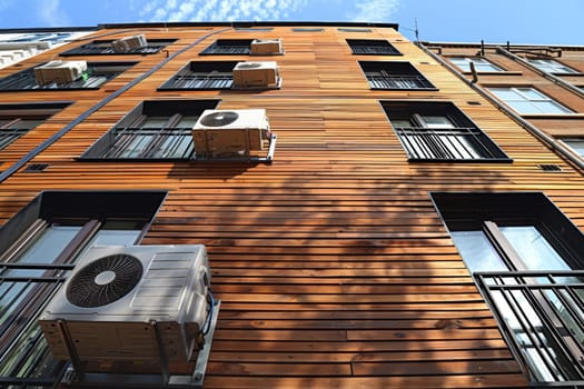 A modern apartment building features a striking facade made of warm, wooden panels interspersed with sleek air conditioning units, creating an eye-catching architectural design under a bright sky