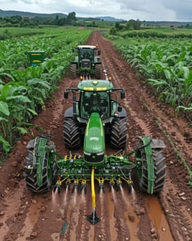 A large tractor plows through a vibrant green field, kicking up dirt as the sun sets over the rolling hills in the distance