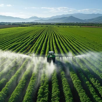 A large agricultural tractor sprays pesticides over a vast, verdant field, creating a mist of chemical application across the thriving crops