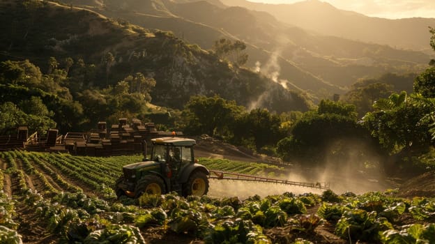 A farmer drives a tractor through a sprawling vegetable field, spraying pesticide over the lush, verdant crops as the sun sets over the rugged mountains in the distance