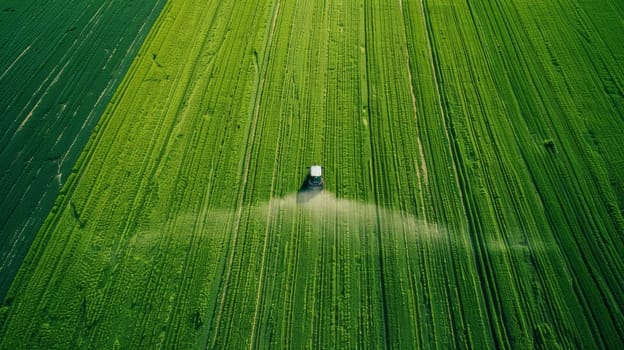 A large agricultural tractor sprays pesticides over a vast, verdant field, creating a mist of chemical application across the thriving crops