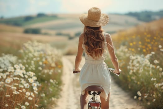A young woman rides a bicycle on a field road in summer.