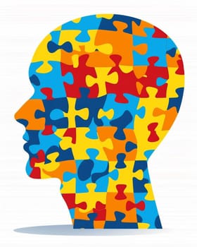 A vibrant silhouette of a human head composed of puzzle pieces in various hues, representing the complexity and diversity of the mind