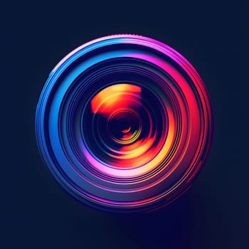 A vibrant camera lens in shades of magenta and electric blue, set against a dark background. The circle of colorfulness creates a striking visual effect, reminiscent of art and event lighting