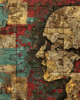 A collection of worn, mismatched puzzle pieces lie scattered across a textured, distressed surface, creating an abstract, vintage-inspired composition