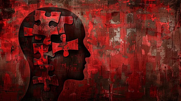 A surreal portrait of a human head made up of puzzle pieces against a distressed, blood-red background, symbolizing the fragmented and turbulent state of the mind