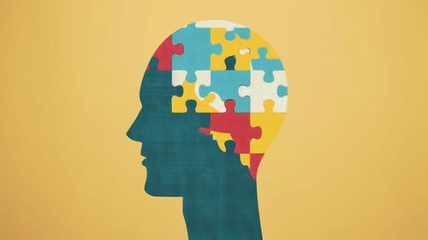 A silhouetted head profile made up of colorful puzzle pieces, symbolizing the complexity and diversity of the human mind.