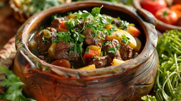 Malagasy romazava, a traditional beef stew with mixed greens and tomatoes, served in a clay pot. A flavorful dish from Madagascar