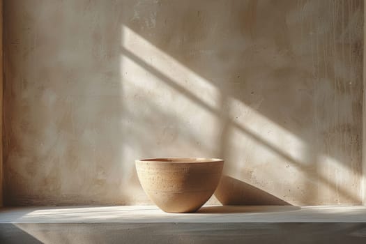 A decorative pitcher stands against a gray wall on a sunny day.