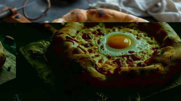 Georgian khachapuri, a cheese-filled bread with an egg baked in the center, served on a wooden paddle. A traditional and delicious dish from Georgia