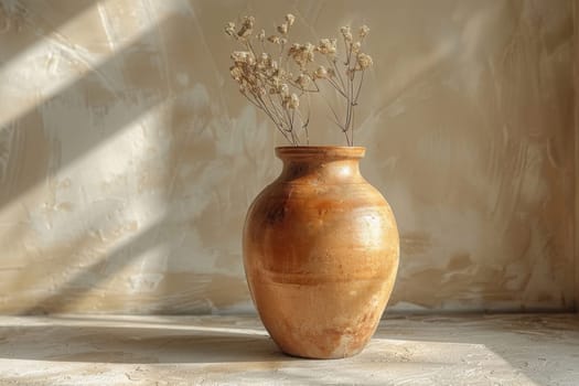 A decorative pitcher stands against a gray wall on a sunny day.