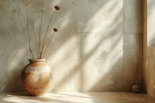 A decorative pitcher stands against a gray wall on a sunny day.