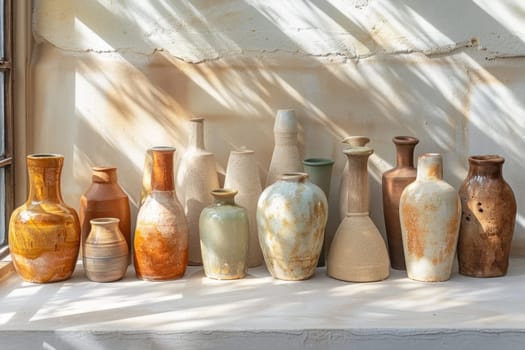 Decorative pitchers stand against a gray wall on a sunny day.