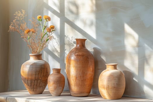 Decorative pitchers stand against a gray wall on a sunny day.