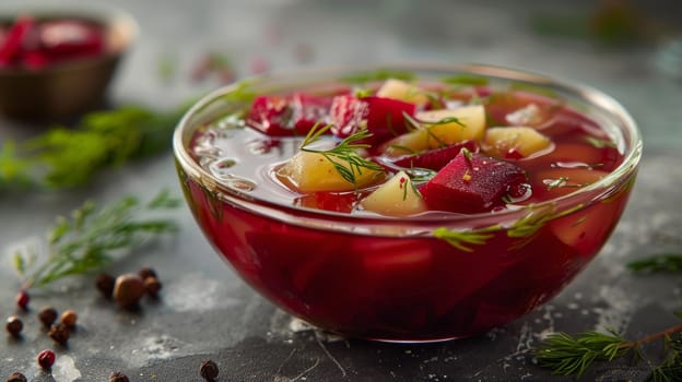 Traditional Lithuanian borscht saltibarsciai, a cold beet soup Chaladnik, served in a glass bowl with boiled potatoes. A refreshing and healthy summer meal