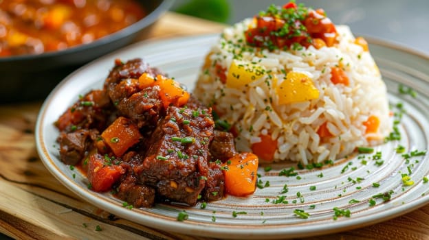 Zimbabwean peanut butter rice, a traditional dish cooked with peanut butter and served with a hearty meat stew, presented on a plate