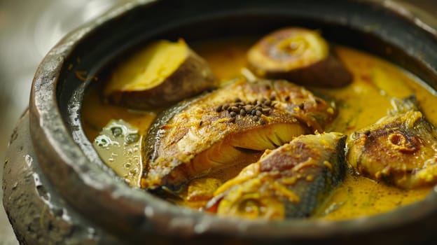 Aromatic Bangladeshi Hilsa fish curry served in a traditional bowl, seasoned with vibrant turmeric and flavorful mustard seeds. A delightful representation of South Asian cuisine