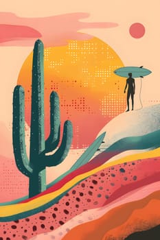 An art piece featuring a man holding a surfboard next to a cactus, painted with vibrant tints and shades of orange. The painting incorporates bold lines and a mix of illustration and visual arts