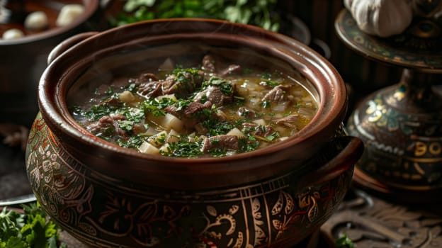 Armenian khash, a winter season soup made from beef or lamb feet, served in a large pot. A traditional and hearty dish from Armenia