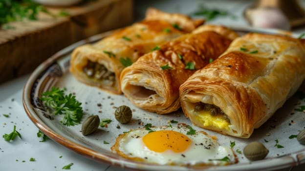 Tunisian brik, a thin pastry filled with egg, tuna, and capers, served on a light plate. A flavorful and traditional dish from Tunisia