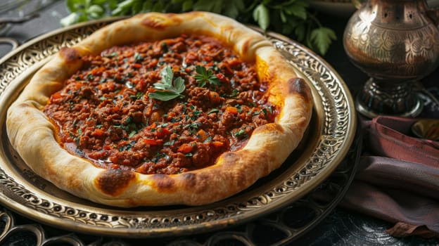 Libyan bazin, a hard dough served with a spicy tomato sauce and meat, presented on a traditional tray. A flavorful and traditional dish from Libya