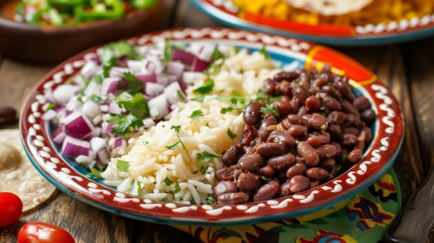 Costa Rican gallo pinto, rice and beans with cilantro and onions, served on a colorful plate. A traditional and flavorful dish from Costa Rica