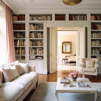 Home library decor, sitting room and interior design, white living room with sofa, bookcase and bookshelves in English country house and elegant cottage style, post-processed, generative ai
