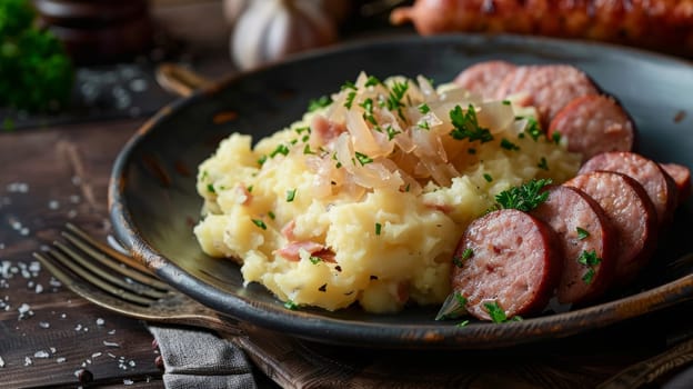 Dutch stamppot, mashed potatoes with sauerkraut and smoked sausage, served on a plate. A hearty and traditional dish from the Netherlands