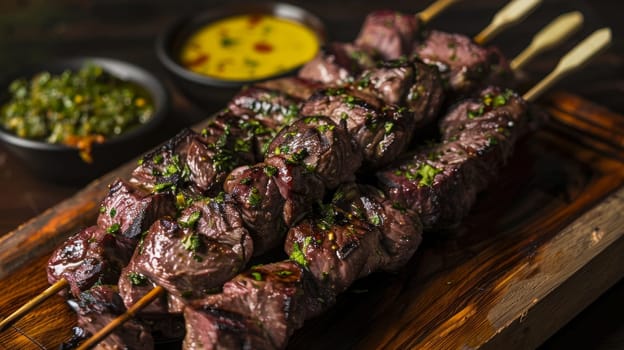 Peruvian anticuchos, grilled heart meat marinated in garlic and spices, served on a skewer. A flavorful and traditional dish from Peru