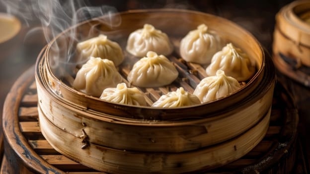 Mongolian buuz, steamed dumplings filled with meat, served on a bamboo steamer tray. A traditional and delicious dish from Mongolia