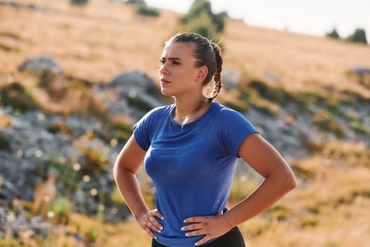 A determined female athlete is captured in preparation mode for her morning run, showcasing dedication and focus in her fitness routine