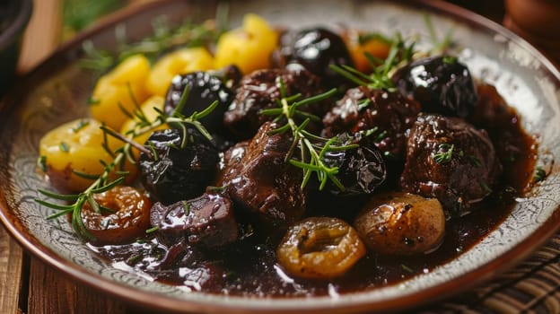 Croatian pasticada, beef stewed in wine and prunes, served on a ceramic plate. A traditional and flavorful dish from Croatia