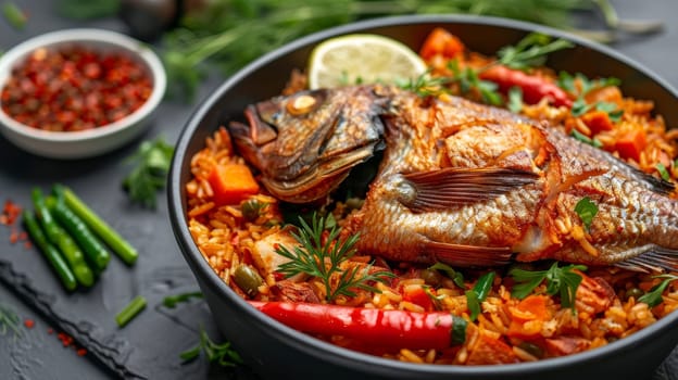 Senegalese thieboudienne, fish rice with vegetables, served in a large bowl. A traditional and flavorful dish from Senegal