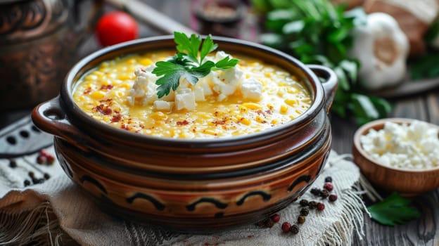 Moldovan mamaliga, cornmeal porridge often served with cottage cheese and sour cream, cooked in a pot. A traditional and hearty dish from Moldova