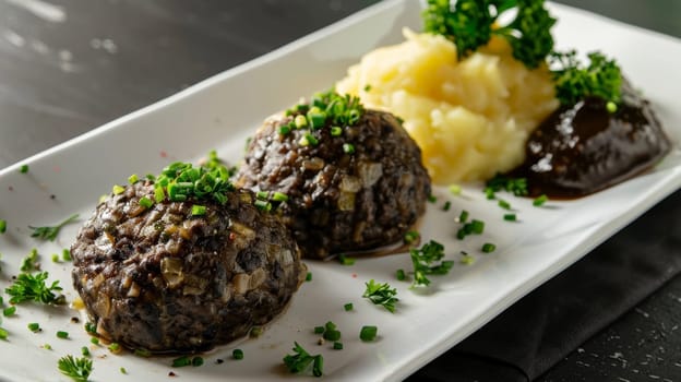 Scottish haggis, served on a white platter with neeps turnips and tatties (potatoes). A traditional and hearty dish from Scotland