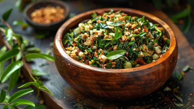 Burmese tea leaf salad lahpet thoke, fermented tea leaves with nuts and seeds, served in a wooden bowl. A traditional and flavorful dish from Burma