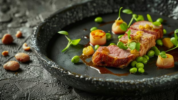 Luxembourgish judd mat gaardebounen, smoked collar of pork with broad beans, served on a ceramic plate. A traditional and flavorful dish from Luxembourg