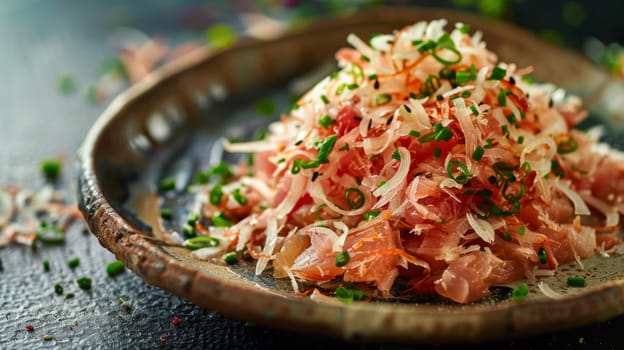 Maldivian mas huni, shredded smoked tuna mixed with coconut and onions, served on a small plate. A traditional and flavorful dish from the Maldives