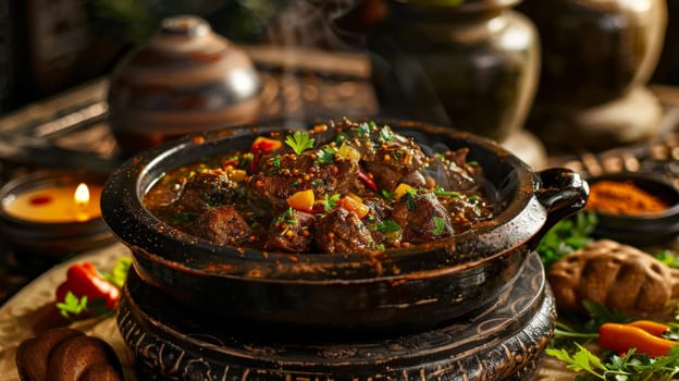 Omani shuwa, slow-roasted lamb marinated in a rich spice blend, served in a traditional serving pot. A traditional and flavorful dish from Oman